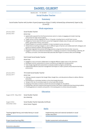 Social Studies Teacher Resume Sample and Template