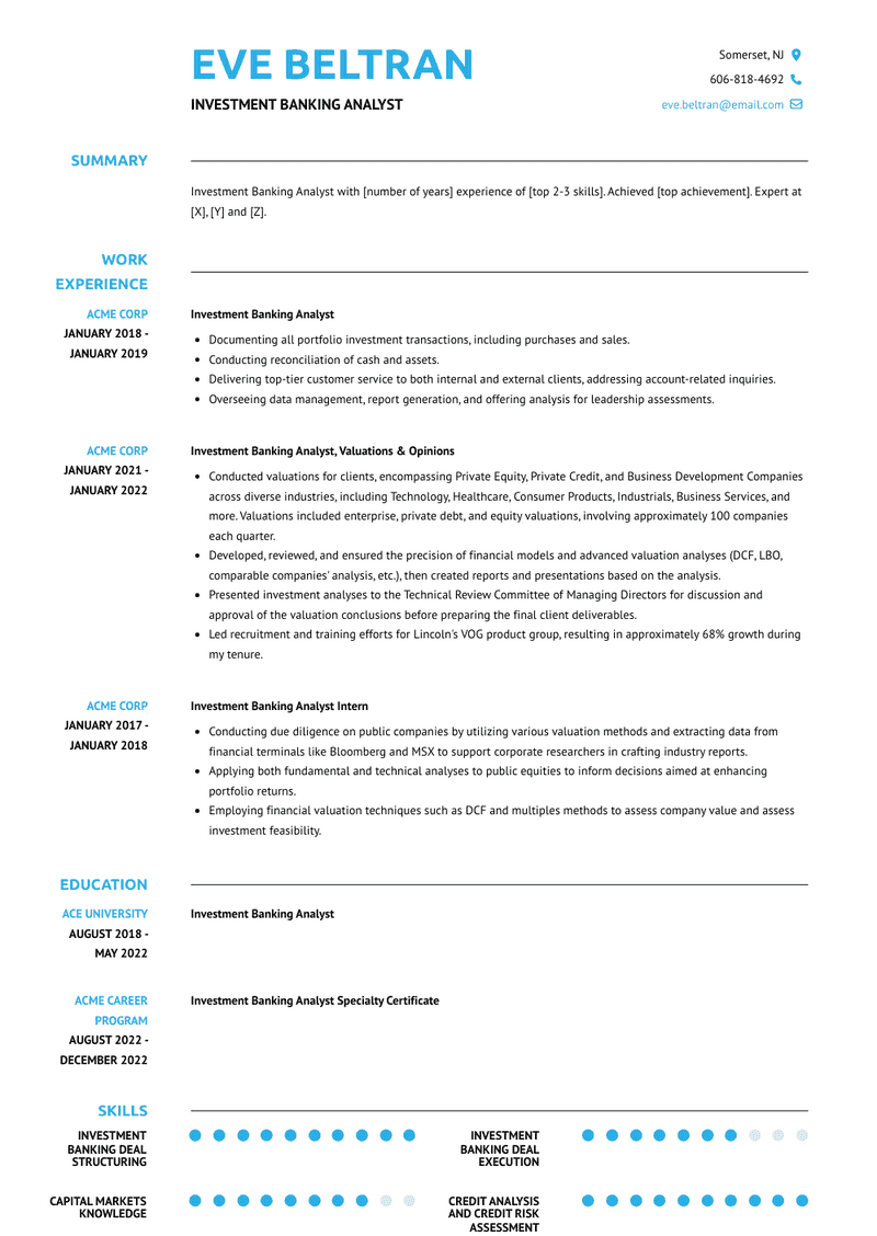 Investment Banking Analyst Resume Sample and Template