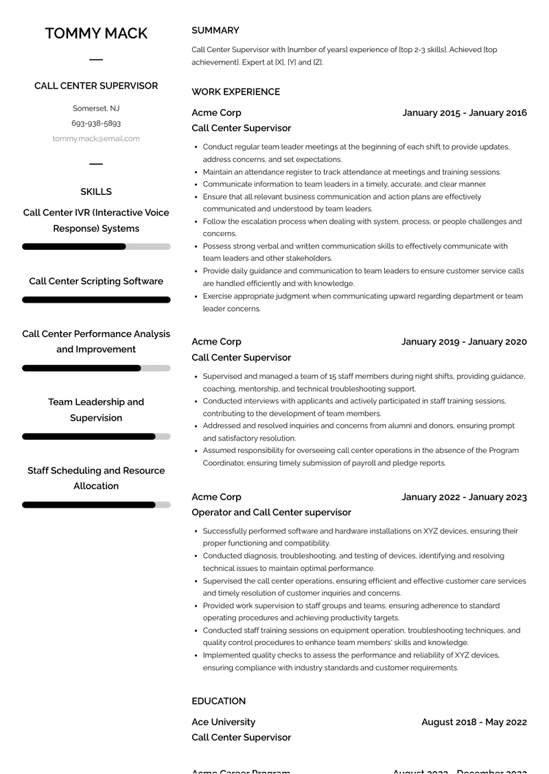 Call Center Supervisor Resume Sample and Template