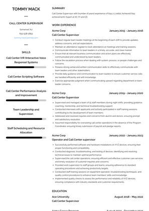 Call Center Supervisor Resume Sample and Template
