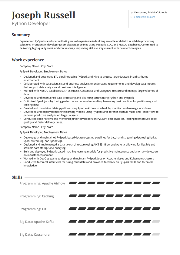 Python PySpark developer resume example