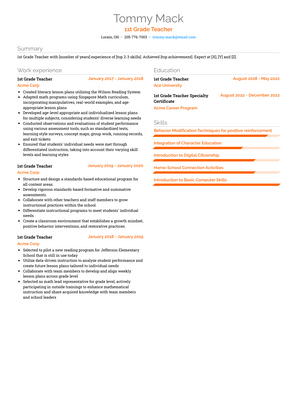 1st Grade Teacher Resume Sample and Template