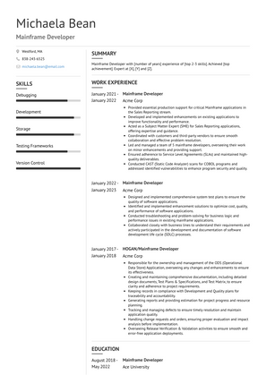 Mainframe Developer Resume Sample and Template