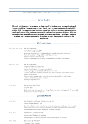 Packer Progressive Resume Sample and Template