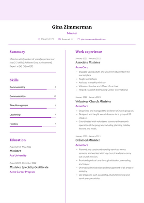 Minister Resume Sample and Template