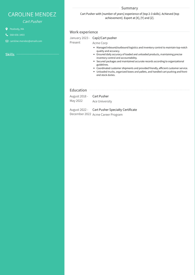 Cart Pusher Resume Sample and Template