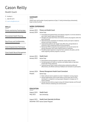 Health Coach Resume Sample and Template