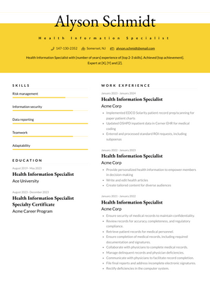 Health Information Specialist Resume Sample and Template