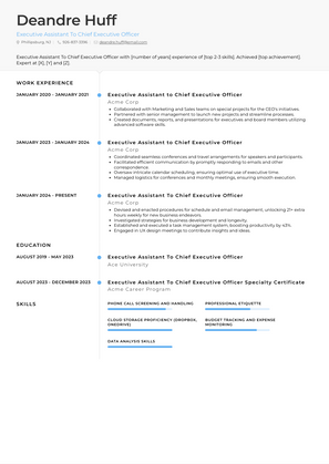 Executive Assistant To Chief Executive Officer Resume Sample and Template