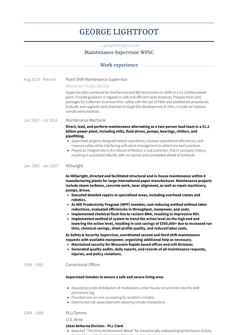 Plant Shift Maintenance Supervisor Resume Sample and Template
