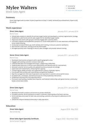Direct Sales Agent Resume Sample and Template