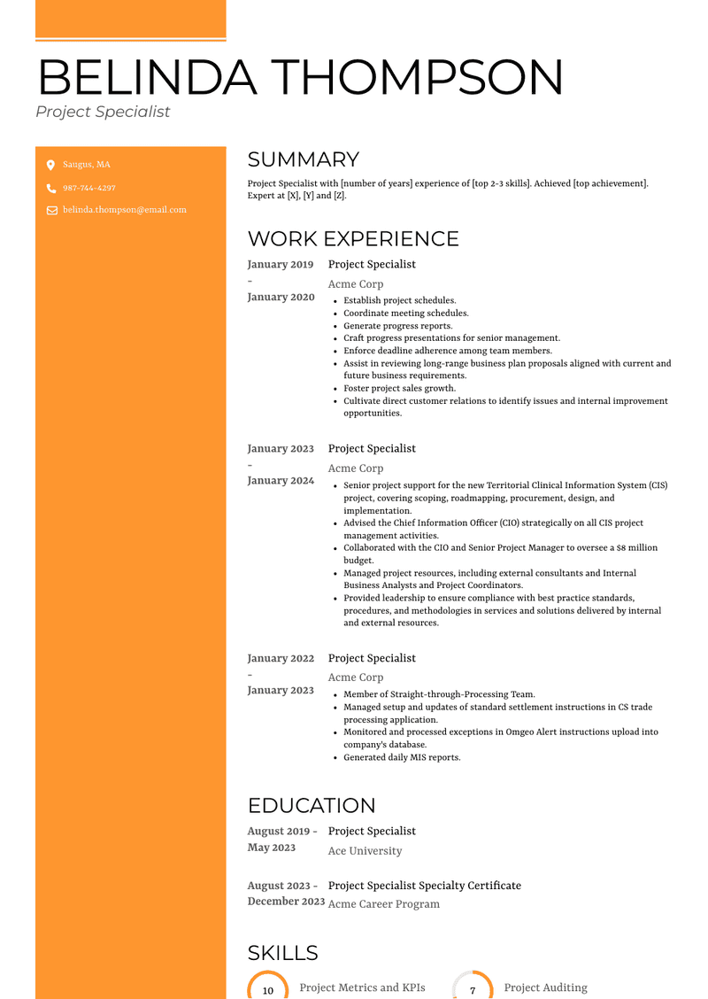 Project Specialist Resume Sample and Template