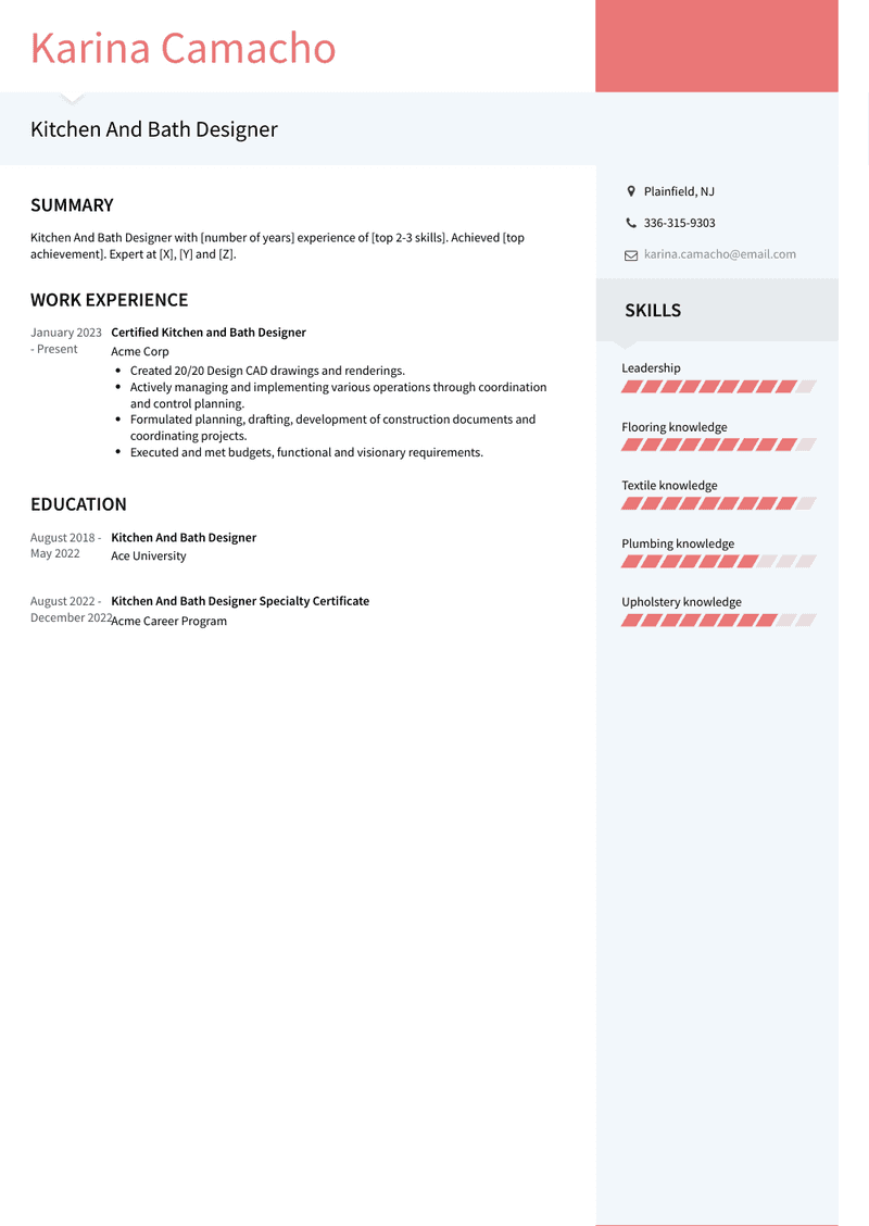 Kitchen And Bath Designer Resume Sample and Template