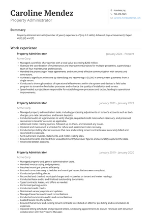 Property Administrator Resume Sample and Template