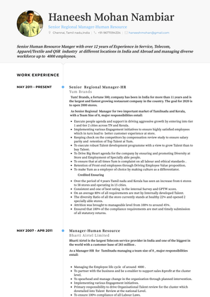 Senior  Regional Manager Hr Resume Sample and Template