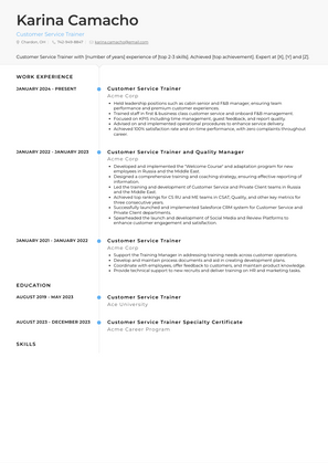 Customer Service Trainer Resume Sample and Template