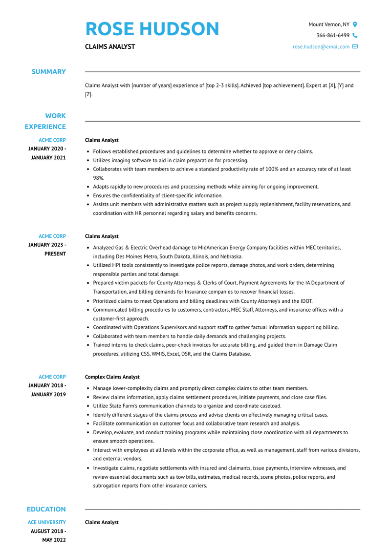Claims Analyst Resume Sample and Template
