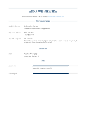 Kindergarden Teacher Resume Sample and Template