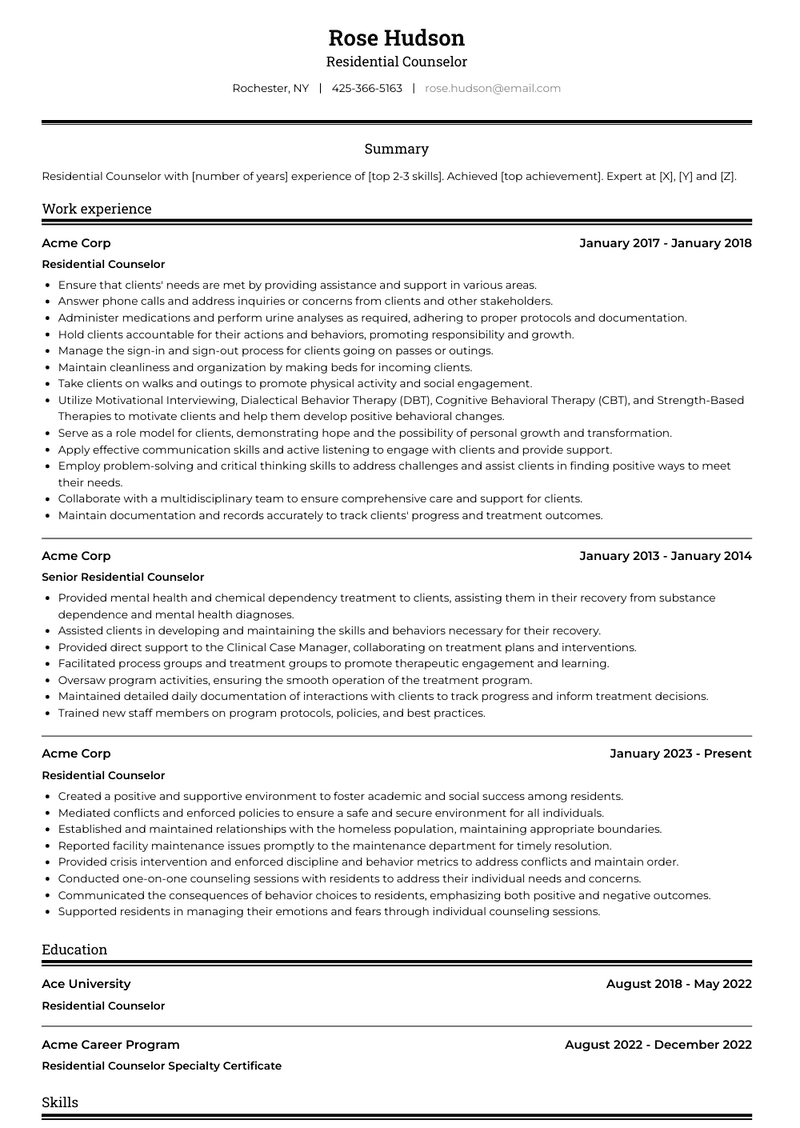 Residential Counselor Resume Sample and Template