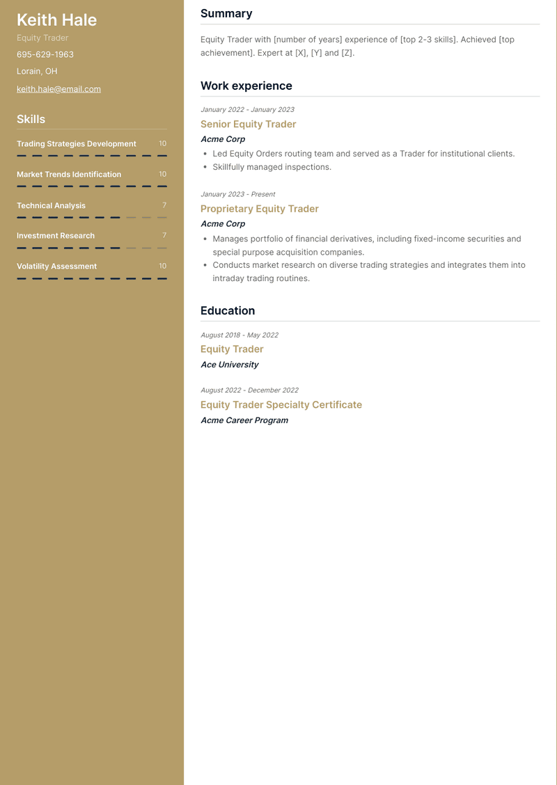 Equity Trader Resume Sample and Template