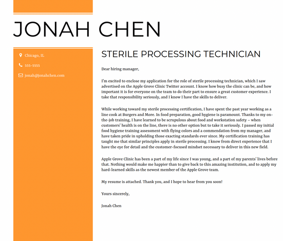 An example of a cover letter for a sterile processing technician
