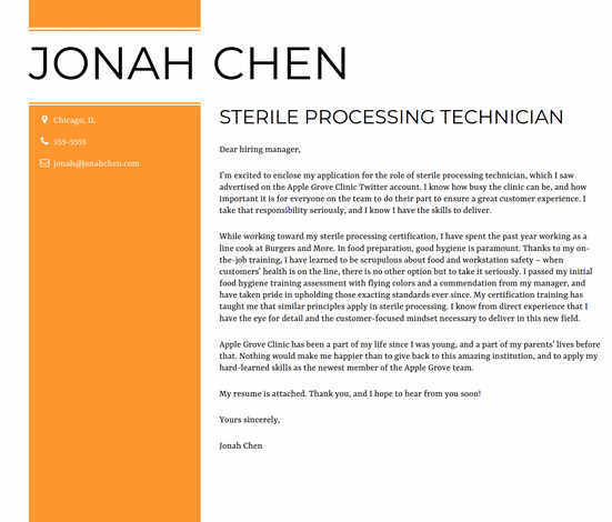 cover letter for sterile processing technician