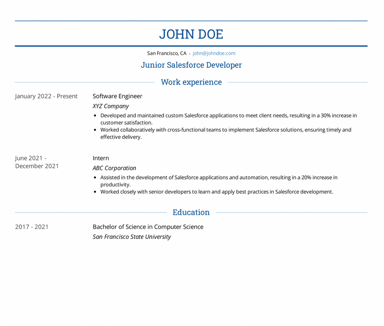 Junior Salesforce Developer Resume Sample