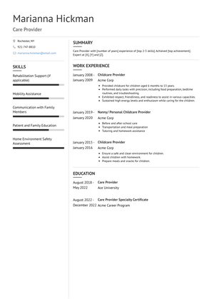 Care Provider Resume Sample and Template