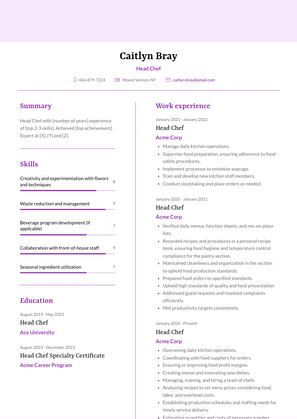 Head Chef Resume Sample and Template