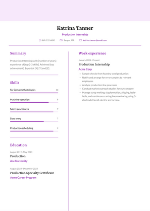 Production Internship Resume Sample and Template