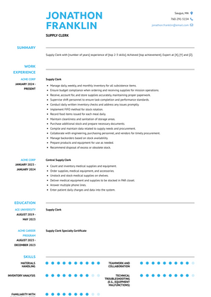 Supply Clerk Resume Sample and Template