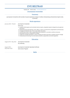 Journeyman Ironworker Resume Sample and Template