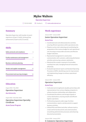 Operation Supervisor Resume Sample and Template