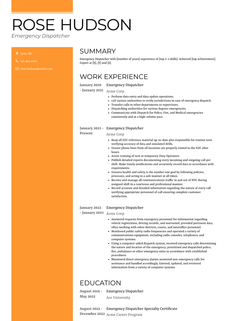 Emergency Dispatcher Resume Sample and Template