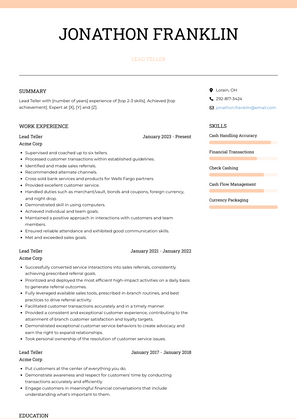 Lead Teller Resume Sample and Template