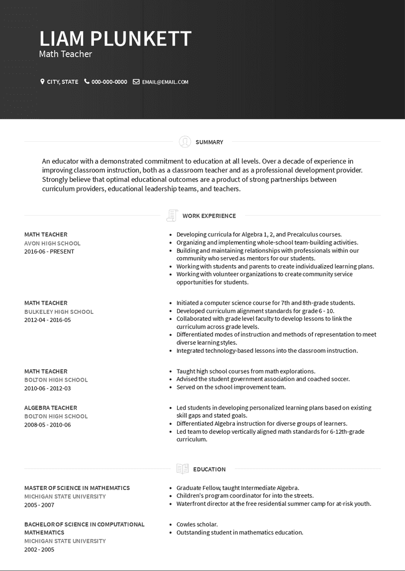 Math Teacher Resume Sample and Template