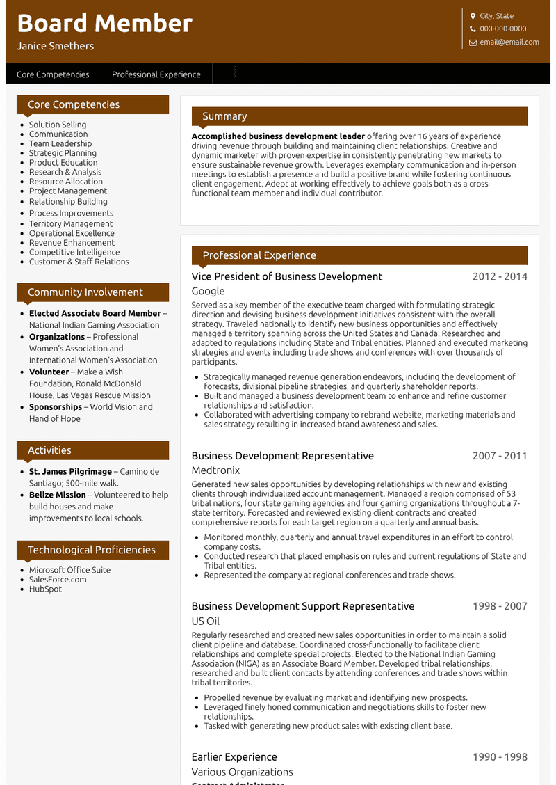 resume samples for values