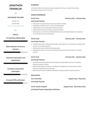 2nd Grade Teacher Resume Sample and Template