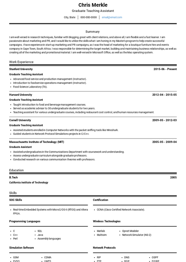 graduate student assistant job resume