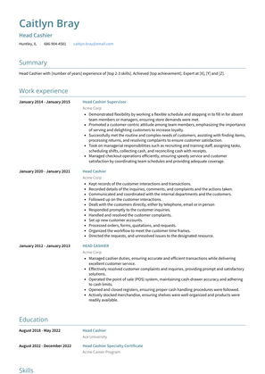 Head Cashier Resume Sample and Template