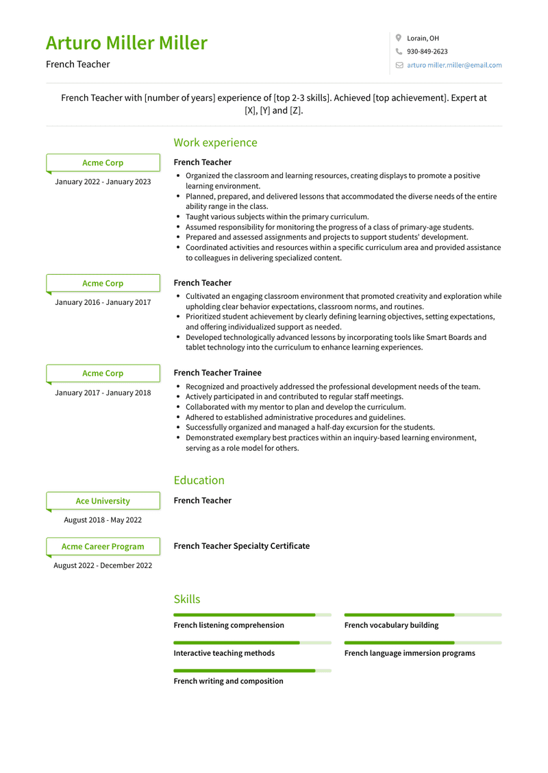 French Teacher Resume Sample and Template