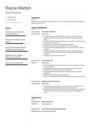 Alarm Technician Resume Sample and Template