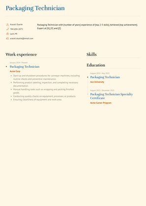 Packaging Technician Resume Sample and Template