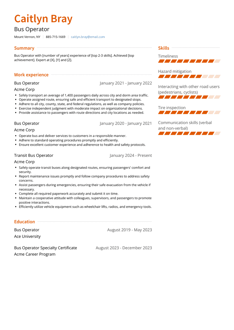 Bus Operator Resume Sample and Template