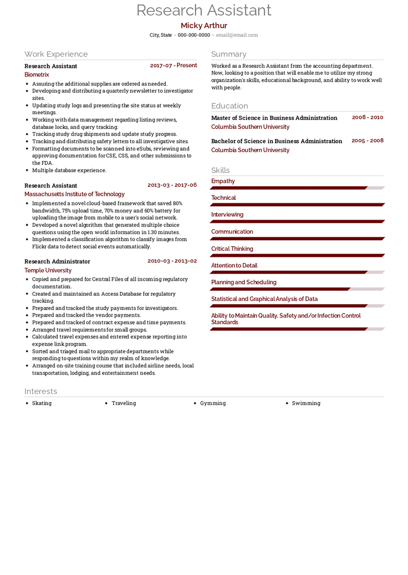 Research Assistant Resume Sample and Template