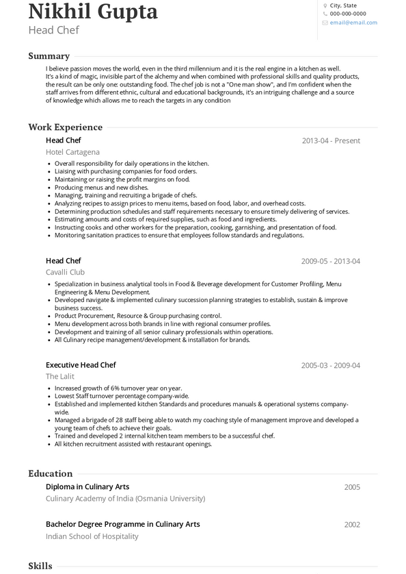 Chef Resume Samples And Templates Visualcv