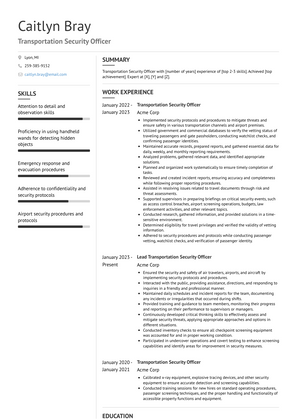 Transportation Security Officer Resume Sample and Template