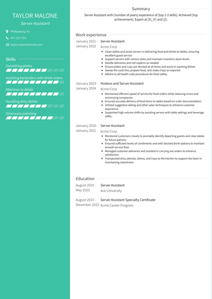 Server Assistant Resume Sample and Template