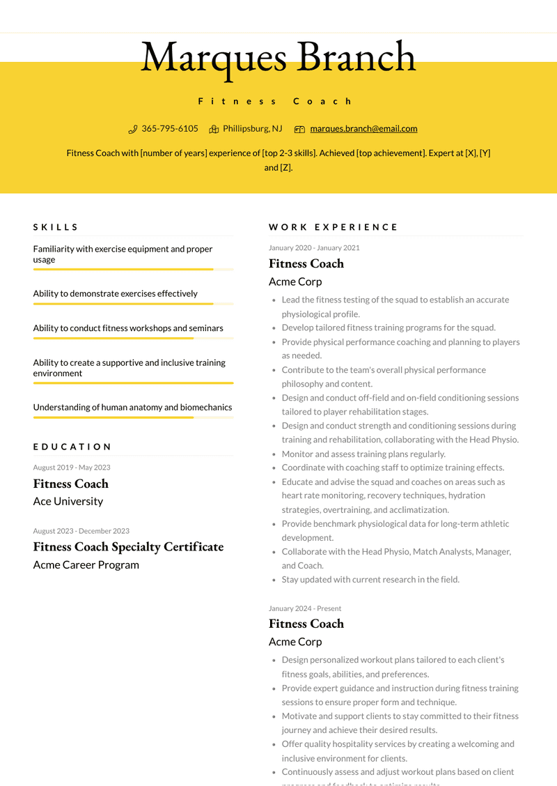 Fitness Coach Resume Sample and Template