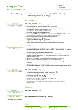 Food And Beverage Supervisor Resume Sample and Template